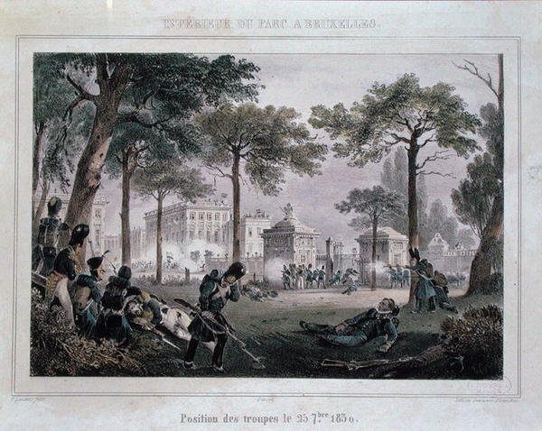 Tropas no Parc Royal, Bruxelas, 25 de Setembro de 1830, gravadas por Dewasme-Pletinckx (cor litho) de Paulus (after) Lauters