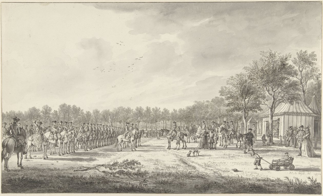 Revista da cavalaria pelo Príncipe Guilherme V sobre o Malieveld em Haia, 1770 de Paulus Constantijn la Fargue