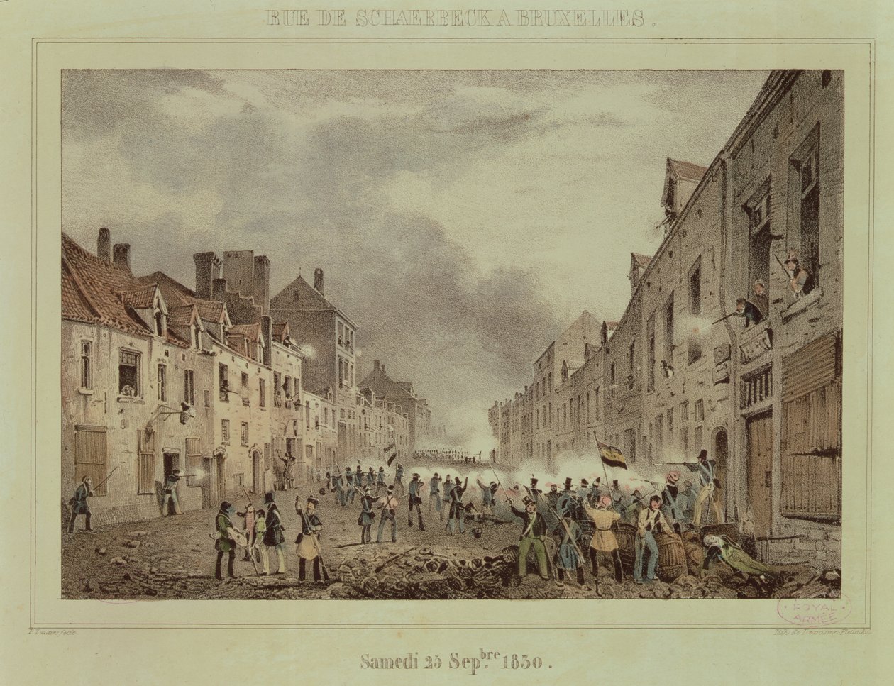 Lutando na Rue Schaerbeck, em Bruxelas, domingo 25 de setembro de 1830, gravado por Dewasme-Pletinckx de Paulus Lauters