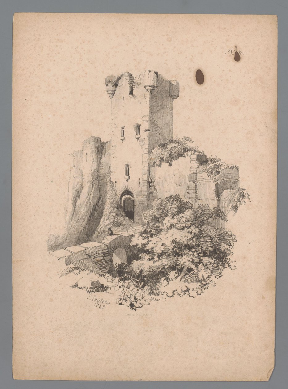 Vista de uma torre em ruínas com portão Estudos da paisagem por Paulus Lauters (título da série) Nouvelle suite de 40 études de paysages par P. Lauters (título da série) de Paulus Lauters