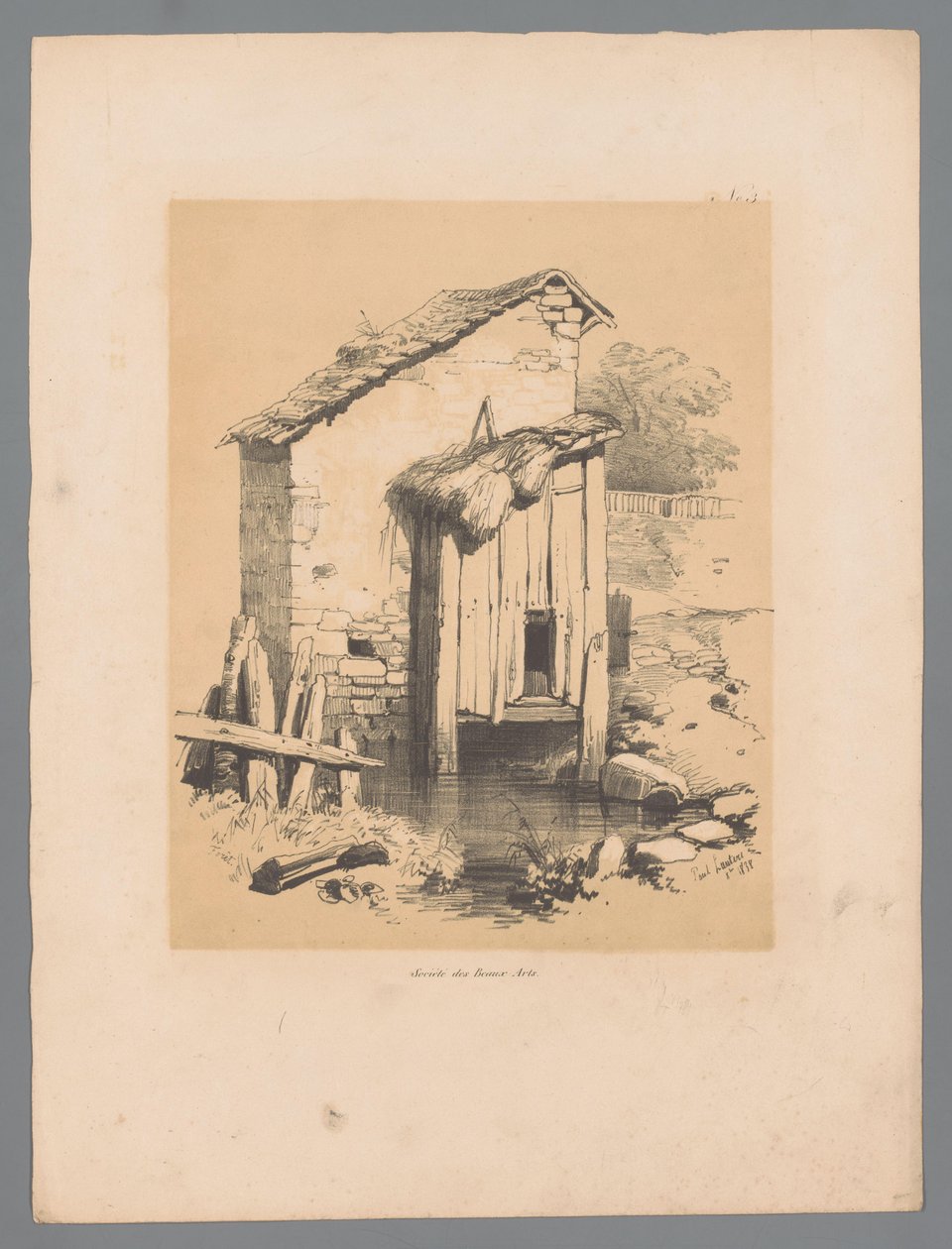 Vista de um celeiro na água Forêt (título no objeto) Rostos pitorescos de Paulus Lauters (título da série) Etrennes pittoresques pour 1839, par Lauters (título da série) de Paulus Lauters