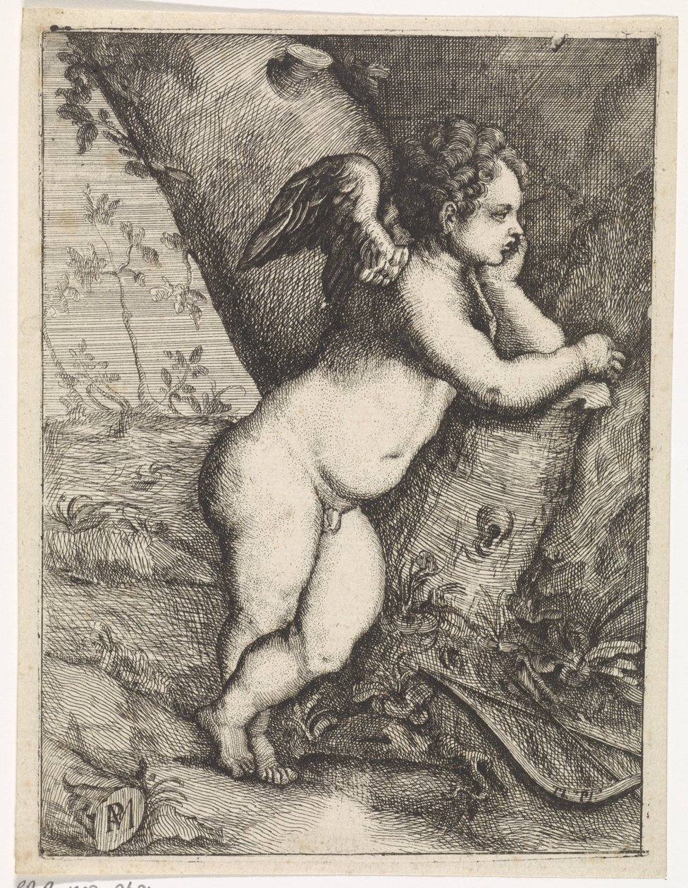 Amor meditando por um tronco de árvore de Paulus Moreelse
