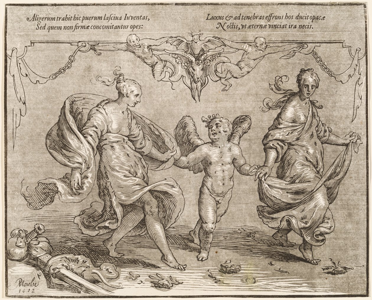 Cupido dançando com duas mulheres alegóricas de Paulus Moreelse