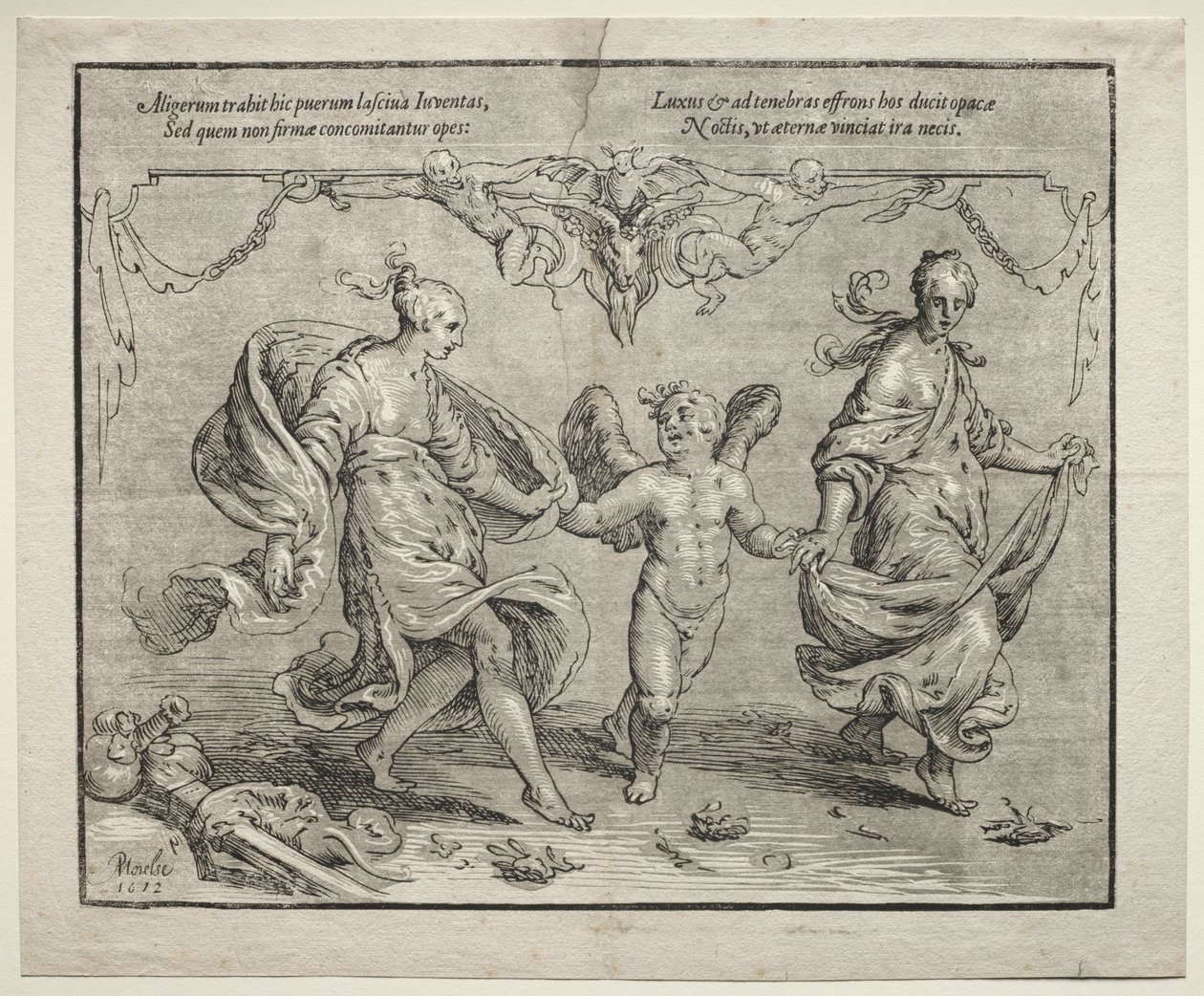 Cupido dançando com duas mulheres alegóricas de Paulus Moreelse