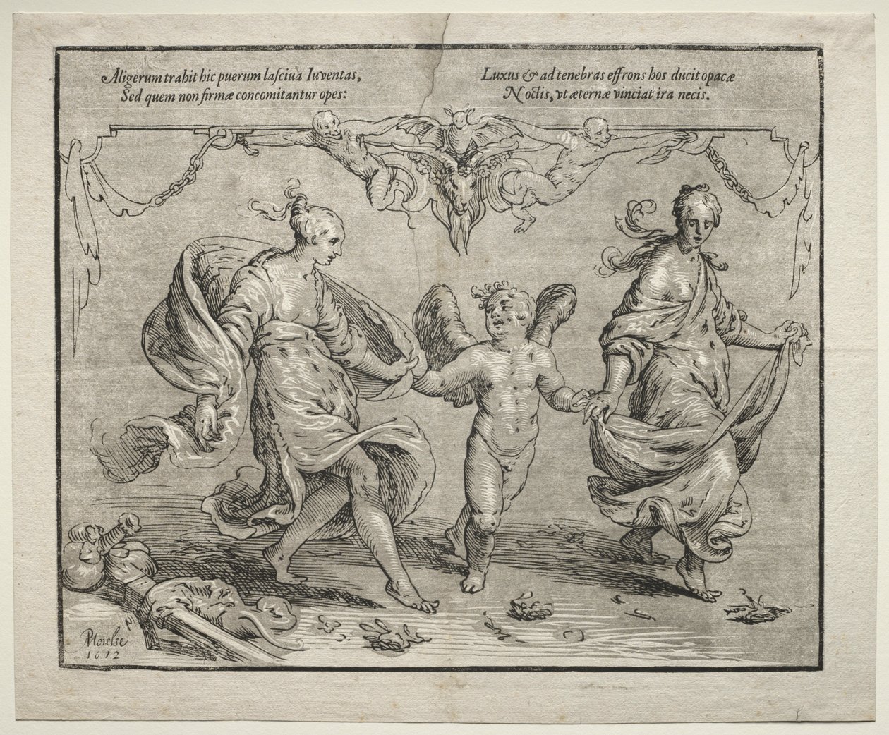 Cupido dançando com duas mulheres alegóricas, 1612. de Paulus Moreelse