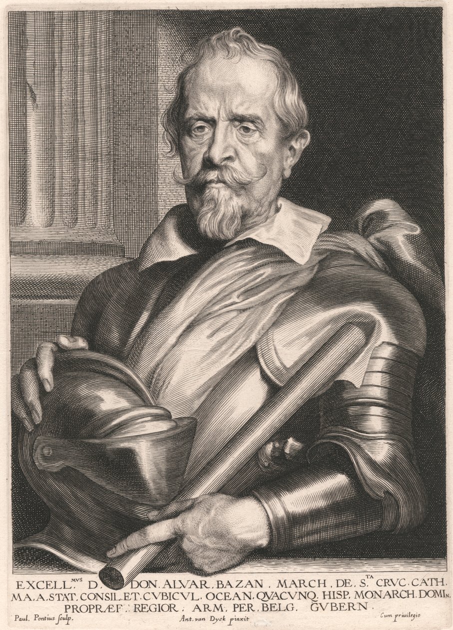 Excellmus. D. Don. Alvar. Bazan. March. de Sta. Cruc. Cath. Ma. a. Stat. Consilet. Cubicul. Oceano. Quacunq, Hisp. Monarca. Domi. Propræf. Regior. Arm. Per. Belg. Gubern. de Paulus Pontius