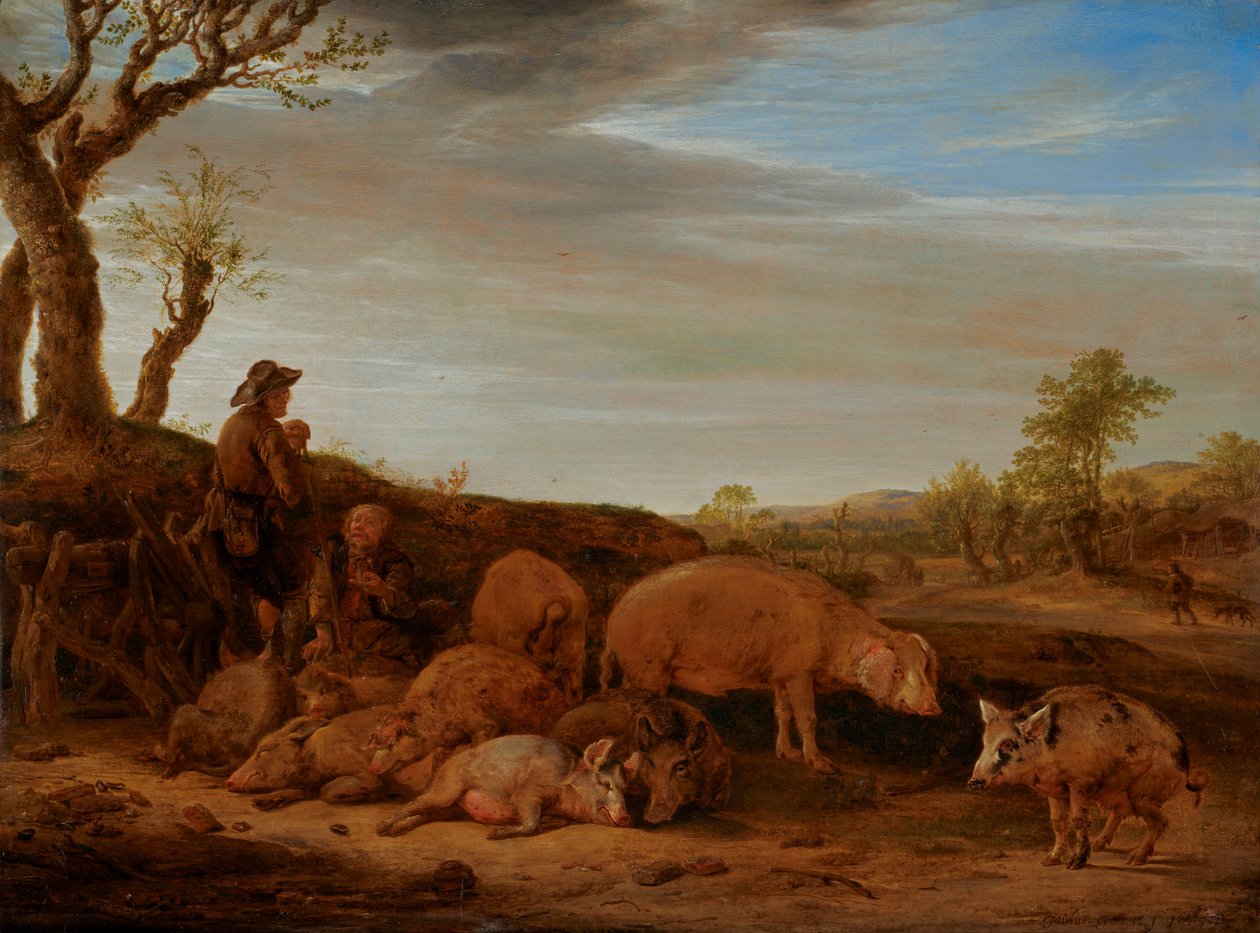Paisagem com uma vara de porcos, o porqueiro a conversar com outro homem de Paulus Potter