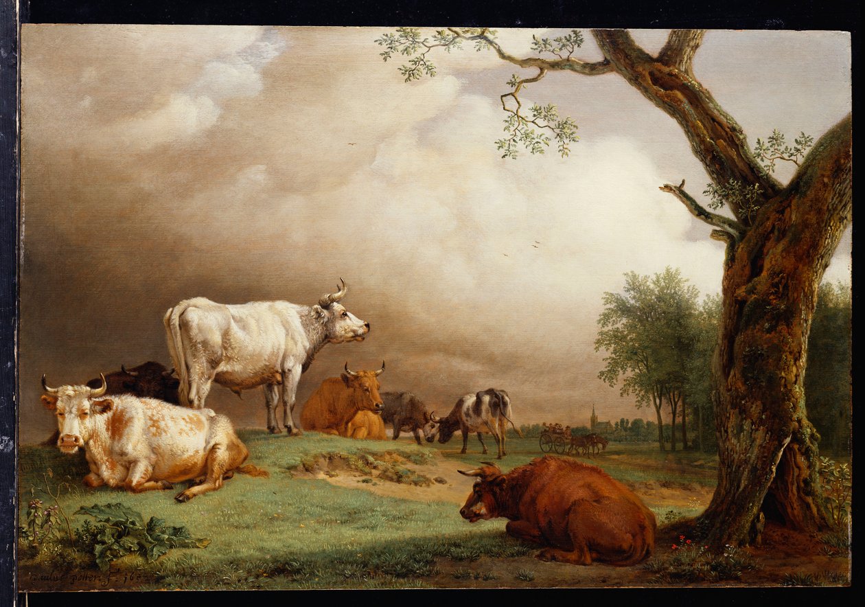Gado em um campo, com viajantes em uma carroça em uma trilha além e uma torre de igreja ao longe, uma tempestade se aproximando, 1652 de Paulus Potter