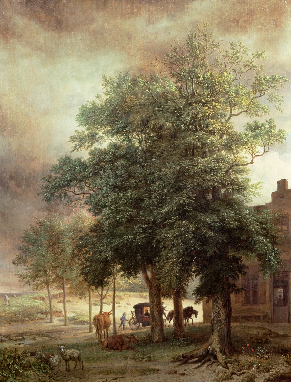 Paisagem com carruagem ou casa além das árvores de Paulus Potter