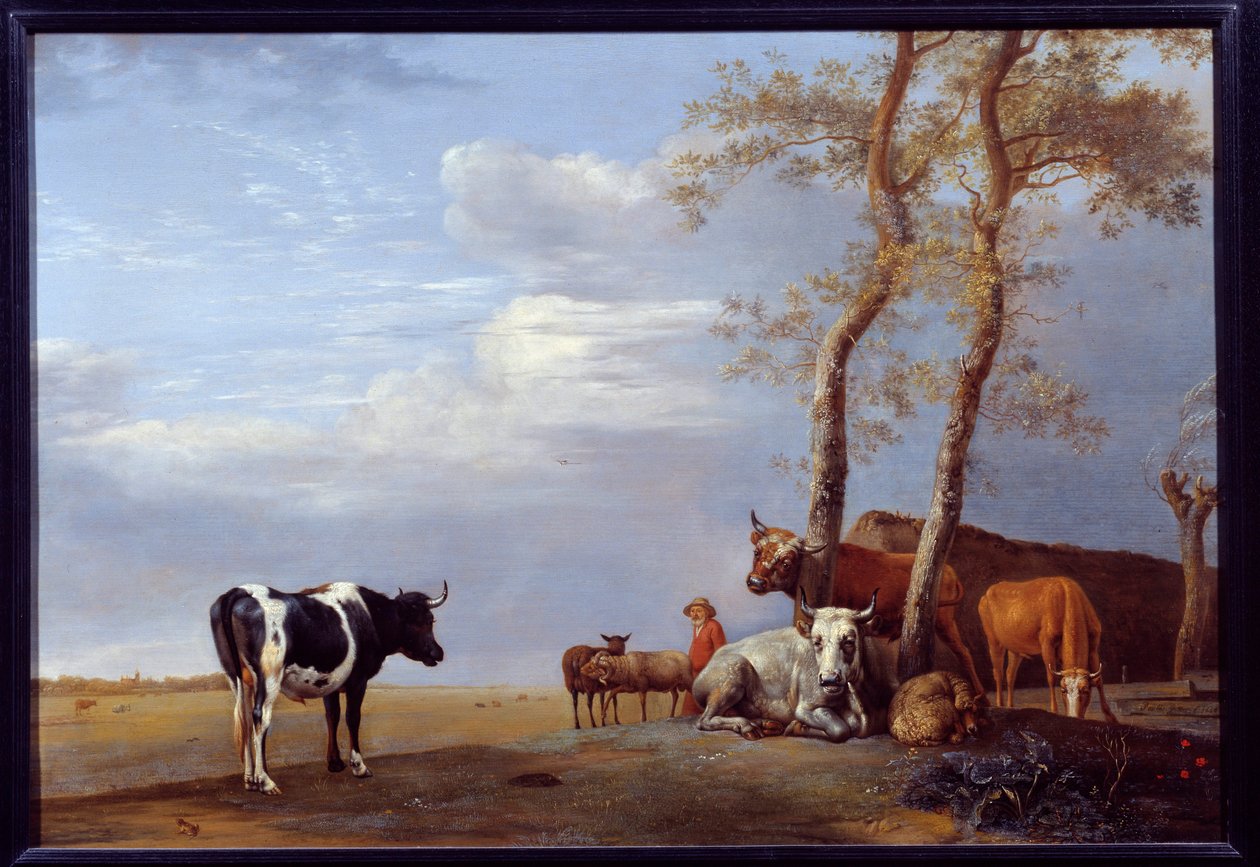 Paisagem com camponeses e animais. Pintura de Paul Potter (1625-1654) Ec. Hol. de Paulus Potter