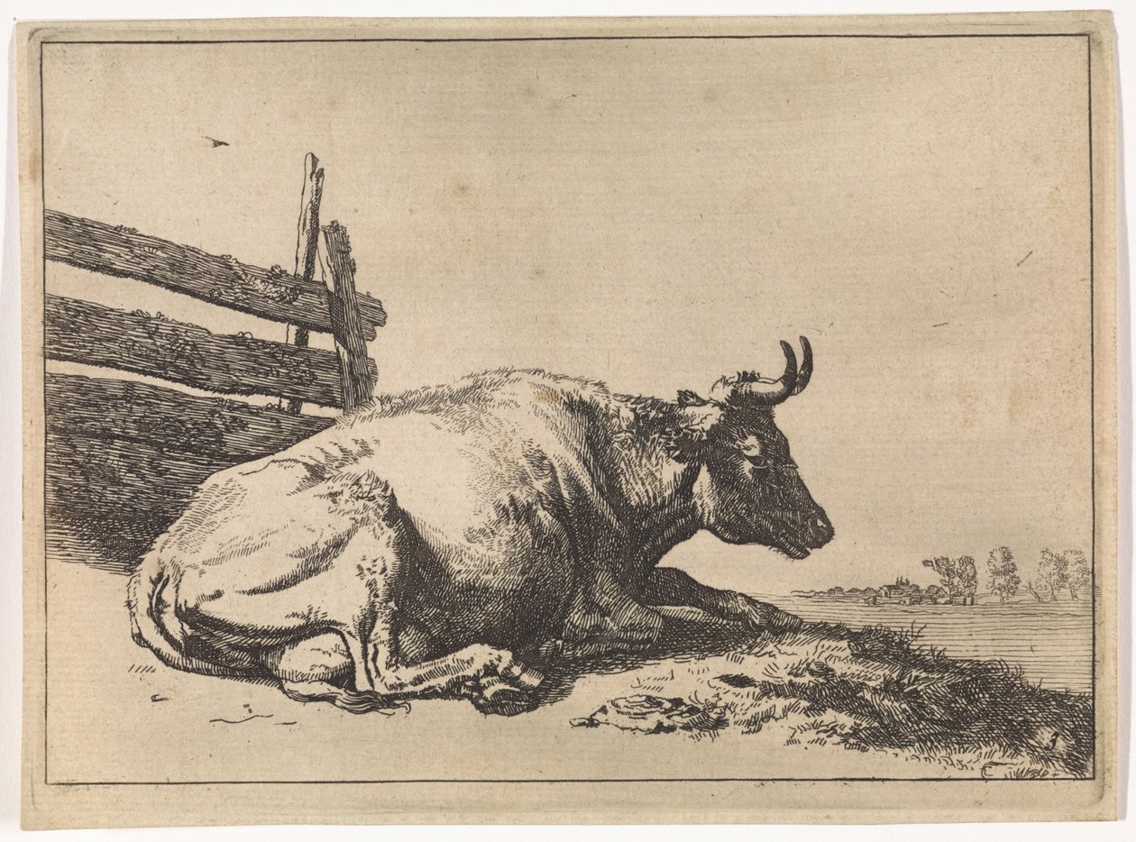 Vaca reclinada a uma cerca
O Livro dos Touros (título da série) de Paulus Potter