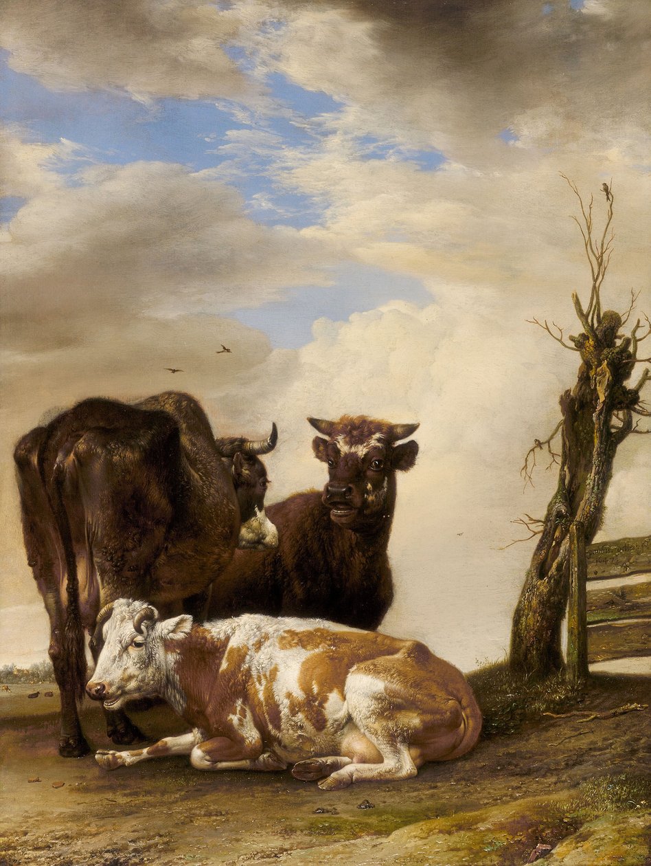 Duas vacas e um touro jovem junto a uma vedação num prado de Paulus Potter