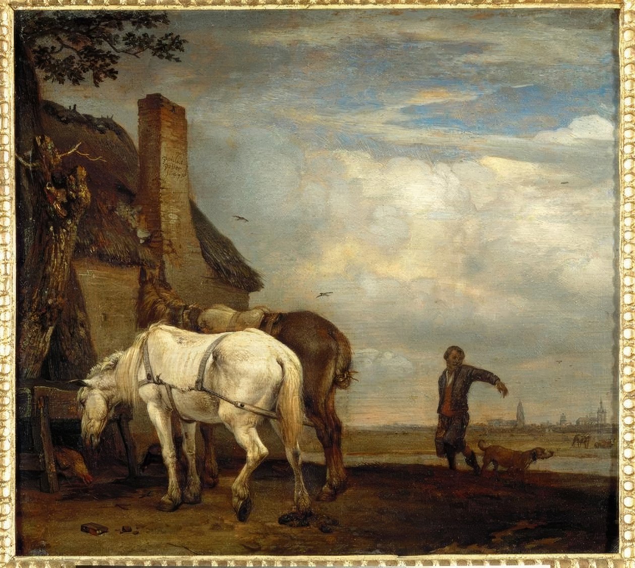 Dois cavalos na frente de uma cabana de camponês. de Paulus Potter