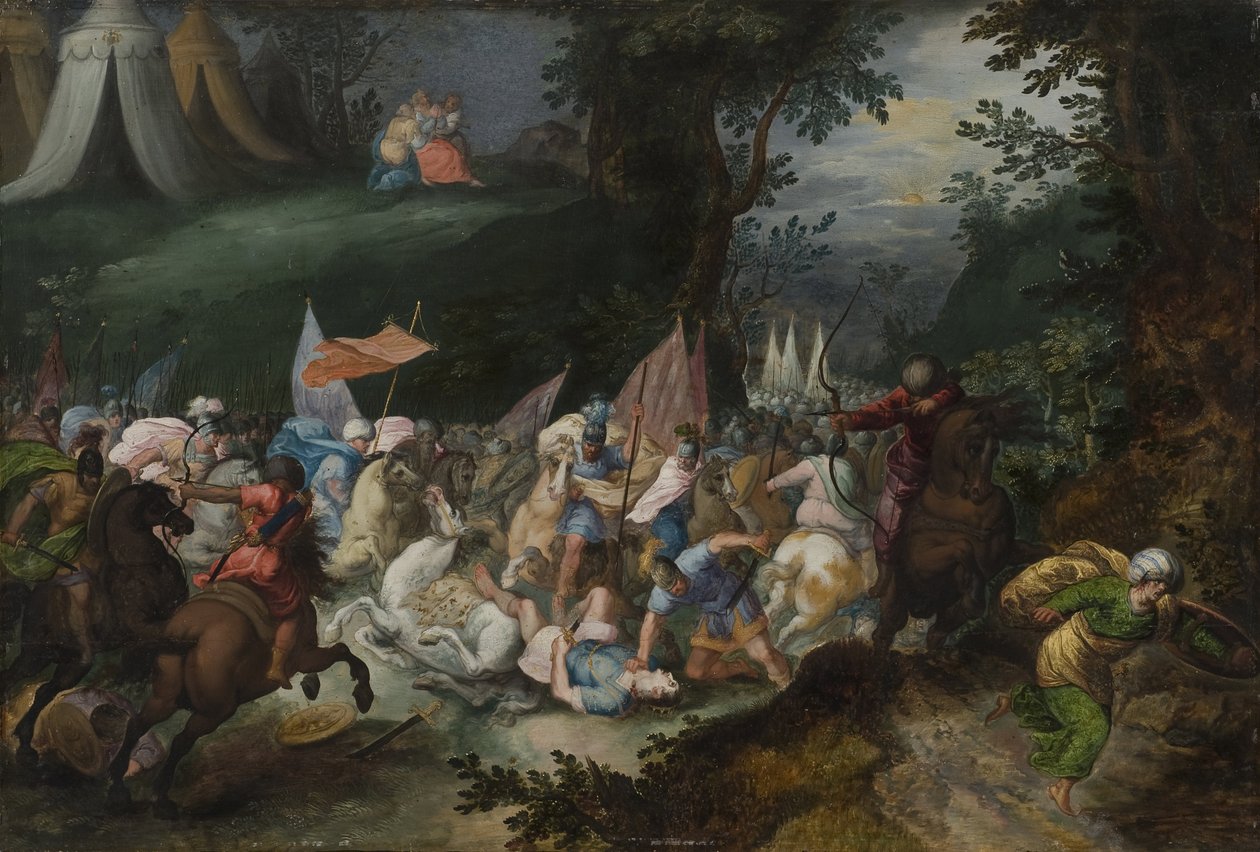 Bataille entre les Israelites et les Amalecites - Batalha entre os israelitas e os amalequitas, por Casteels, Pauwels (ativo ca 1649-1680). Óleo sobre madeira. Dimensão : 45x65 cm. Nationalmuseum Stockholm de Pauwel Casteels
