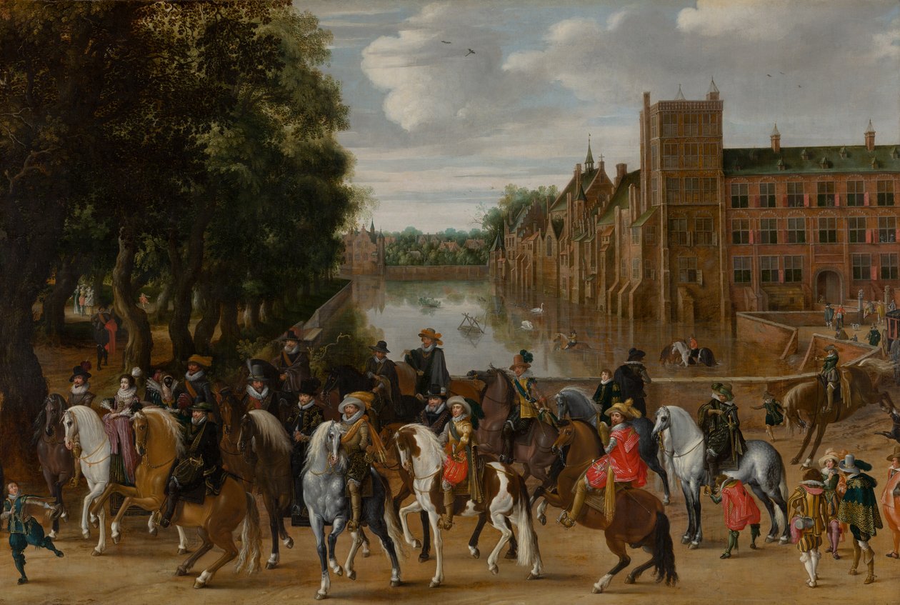 Os príncipes de Orange e suas famílias a cavalo, saindo de The Buitenhof, Haia, c. 1621-22 de Pauwels I van Hillegaert