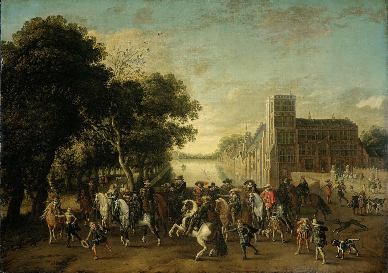 Príncipe Maurice de Orange, acompanhado por Frederick V e sua esposa Elizabeth Stuart, rei e rainha de de Pauwels van Hillegaert