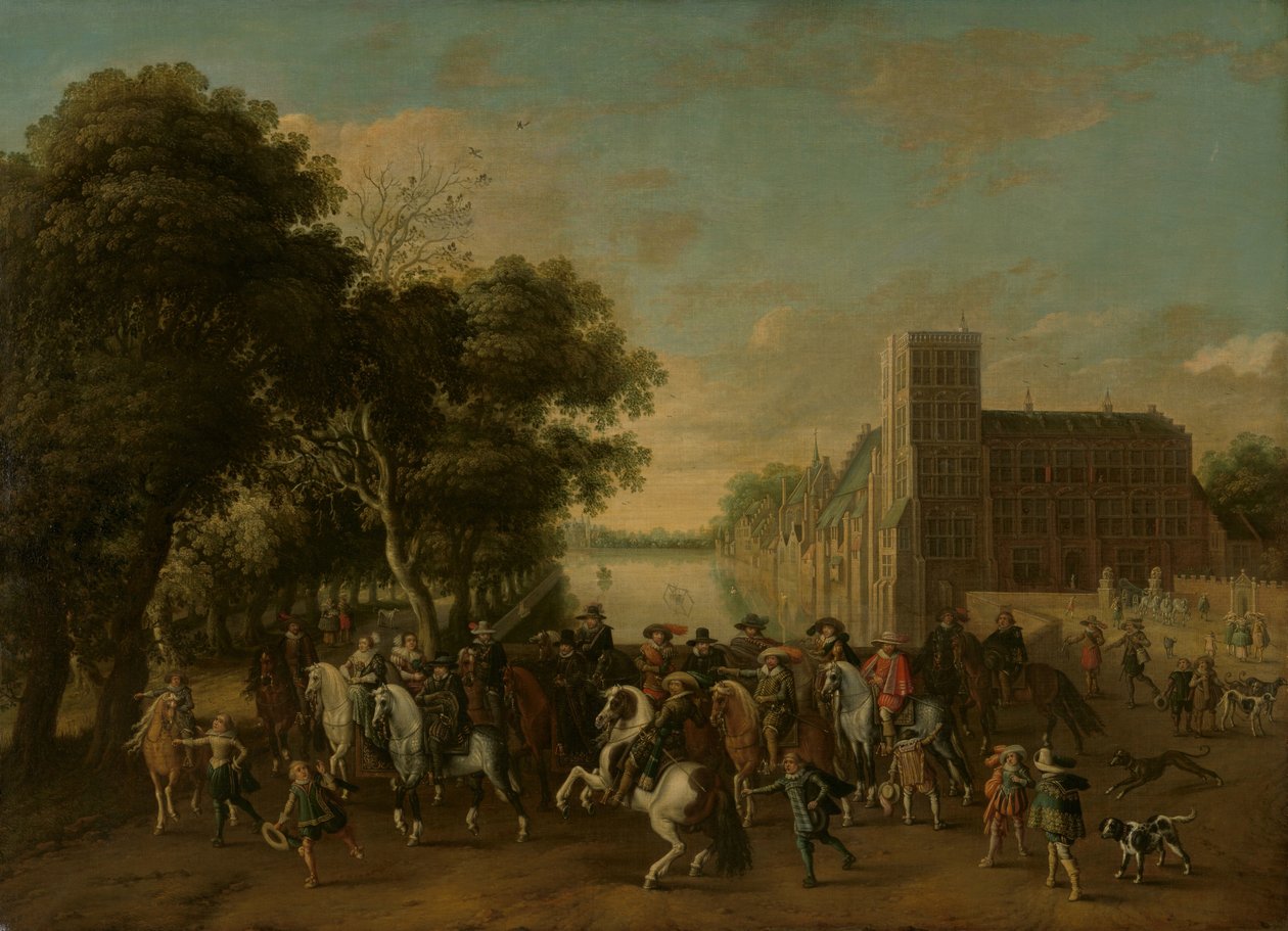 Príncipe Maurits, acompanhado pelo Príncipe Frederik Hendrik, Frederick V da Boémia e a sua Esposa Elizabeth Stuart, e outros, no Buitenhof, Haia de Pauwels van Hillegaert