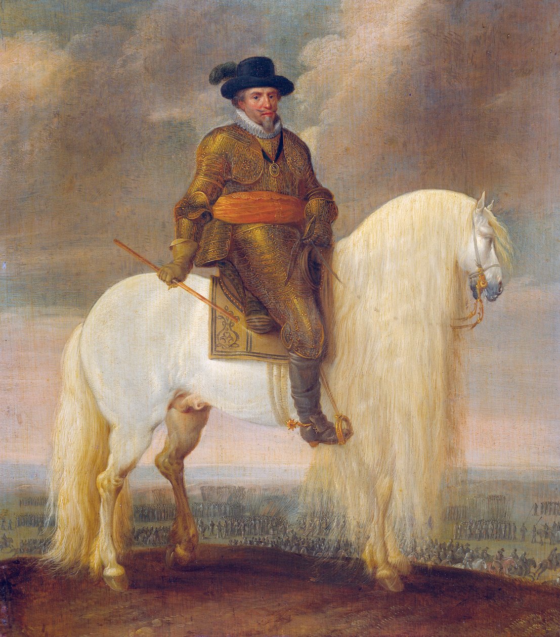 O Príncipe Maurício montado no cavalo de guerra branco que lhe foi oferecido após a sua vitória em Nieuwpoort de Pauwels van Hillegaert