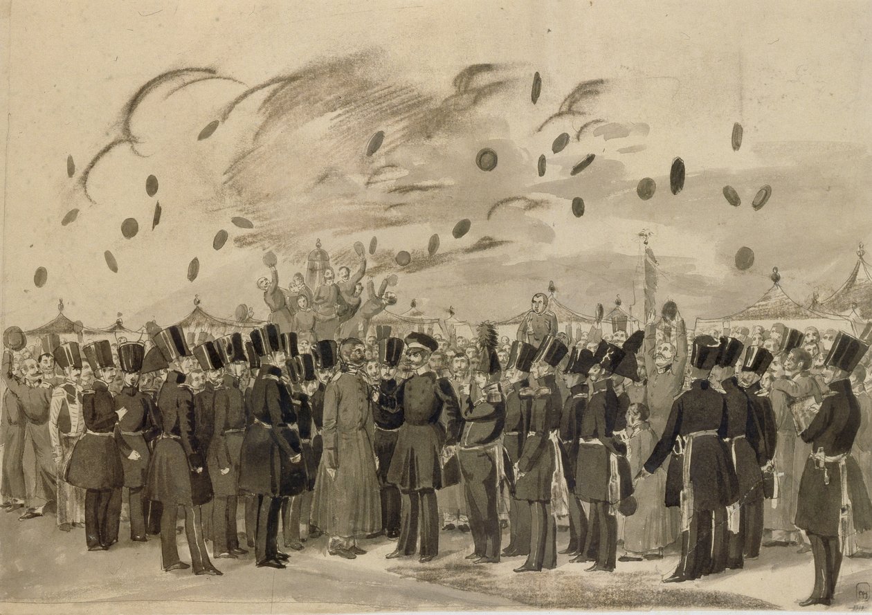 Grão-Duque Mikhail Pavlovich, visitando o campo do Regimento de Guarda-vidas da Finlândia em 8 de julho de 1837, 1837 de Pavel Andreevich Fedotov