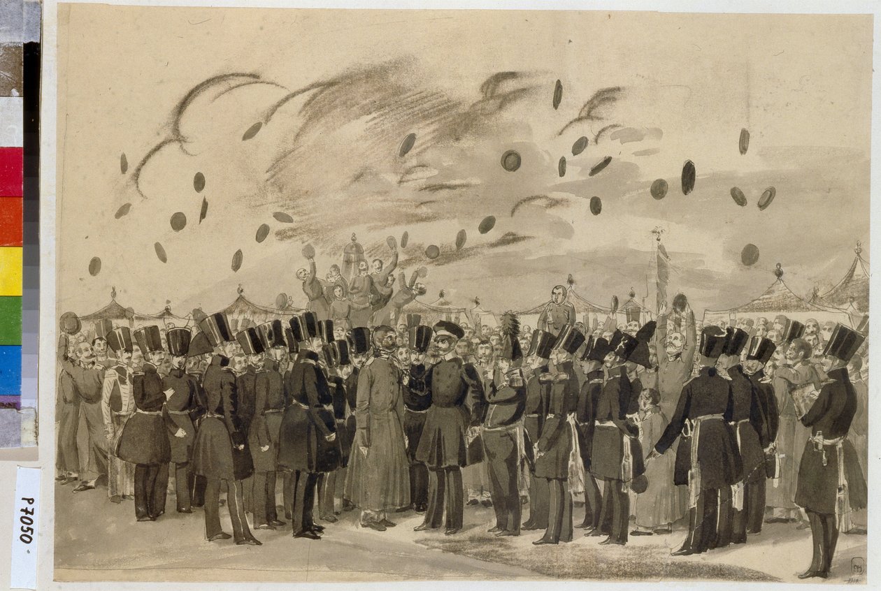 O Grão-Duque Michael Pavlovich (1798-1849) visita o Acampamento do Regimento da Guarda Imperial Finlandesa (ou Regimento da Guarda Finliandski), 8 de julho de 1837. (Grão-Duque Mikhail Pavlovich Visita o Acampamento do Regimento da Guarda da Finlândia em 8 de Pavel Andreevich Fedotov