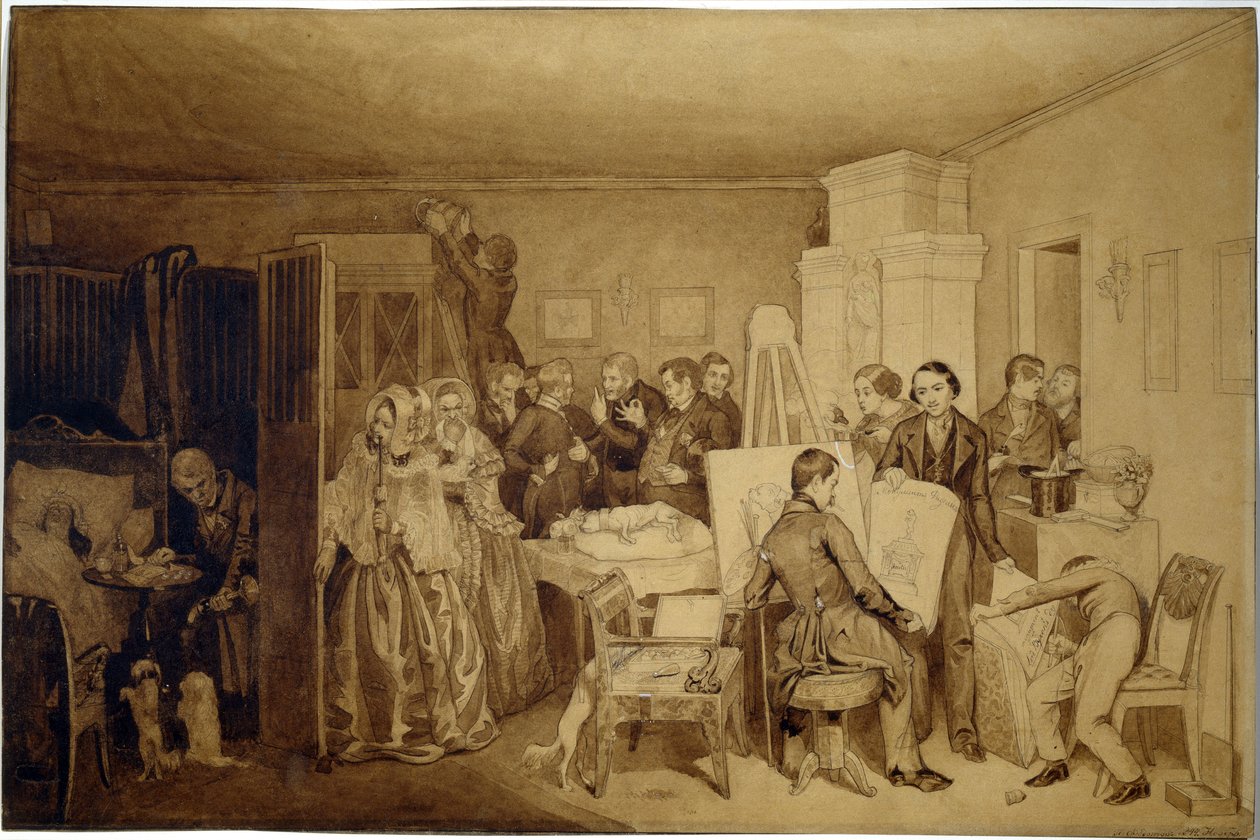As consequências da morte de Fidelka - Obra de Pavel Andreyevich Fedotov (1815-1852), tinta da china e sépia sobre papel de Pavel Andreevich Fedotov
