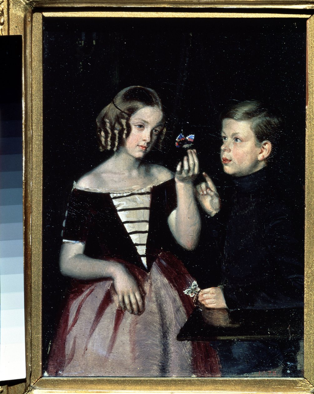 ""Retrato de duas crianças Gerbin contemplando uma borboleta"" Pintura de Pavel Fedotov (1815-1852) Por volta de 1851 Museu Estatal Russo, São Petersburgo de Pavel Andreevich Fedotov