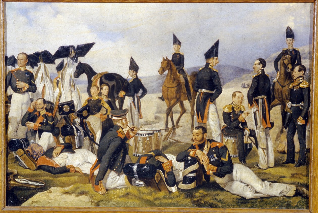 O resto durante uma campanha. Descrição de uma unidade de cavalaria russa na linha da frente, alguns a dormir, outros a fumar, todos com ar cansado, pensativo e preocupado. Trabalho de Pavel Andreyevich Fedotov (1815-1 de Pavel Andreevich Fedotov