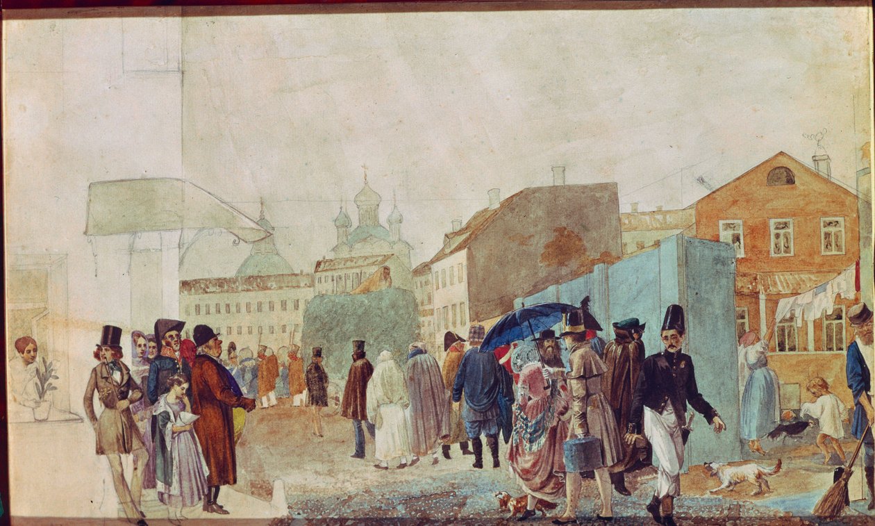 Cena de rua na chuva em Moscou. Obra de Pavel Andreyevich Fedotov (1815-1852), aquarela sobre papel de Pavel Andreevich Fedotov
