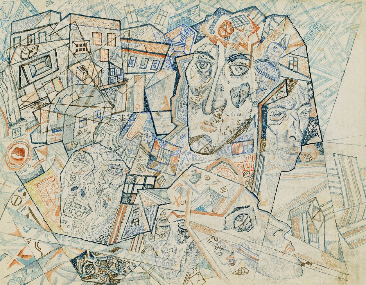 Faces in the City, c.1925 (aquarela e caneta e tinta no papel) de Pawel Nikolajewitsch Filonow