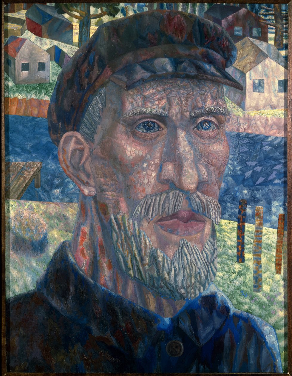 Membro de um kolkhoz. (Membro de Kolkhoz). Retrato de um agricultor na URSS, durante o período da política de colectivização, conduzida pelo governo de Joseph Stalin (Estaline) (Joseph Vissarionovich Dzhugashvili) (1879-1953), de 1928 a 1940. Pintura de Pawel Nikolajewitsch Filonow