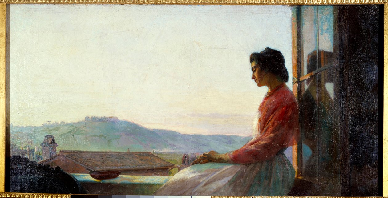 Jovanina sentada no suporte da janela. Pintura de Pavel Chistiakov (1832 - 1919) de Pavel Petrovich Chistyakov