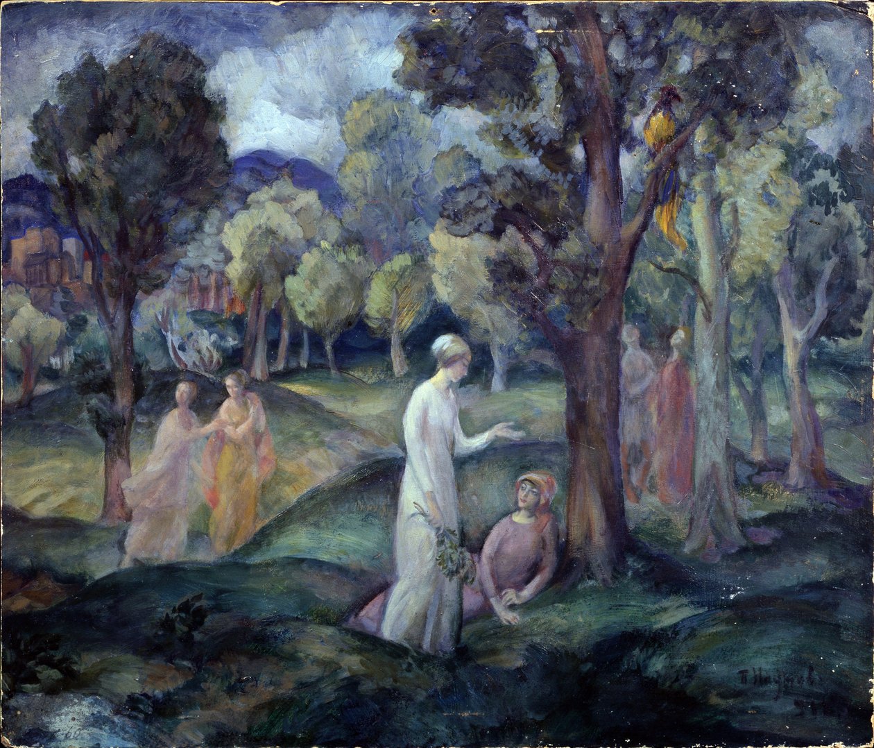 Um passeio pelos campos. Um cenário de lazer, jovens mulheres entre as árvores nas colinas. Trabalho de Pavel Semyonovich Naumov (1884-1942), óleo a bordo de Pavel Semenovich Naumov