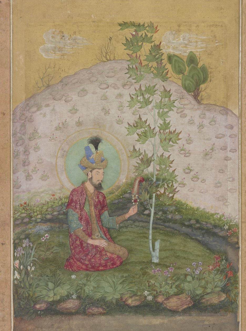 Detalhe de Humayun sentado em uma paisagem, do álbum Late Shah Jahan, c.1650 (wc, ink & gold on paper) de Payag