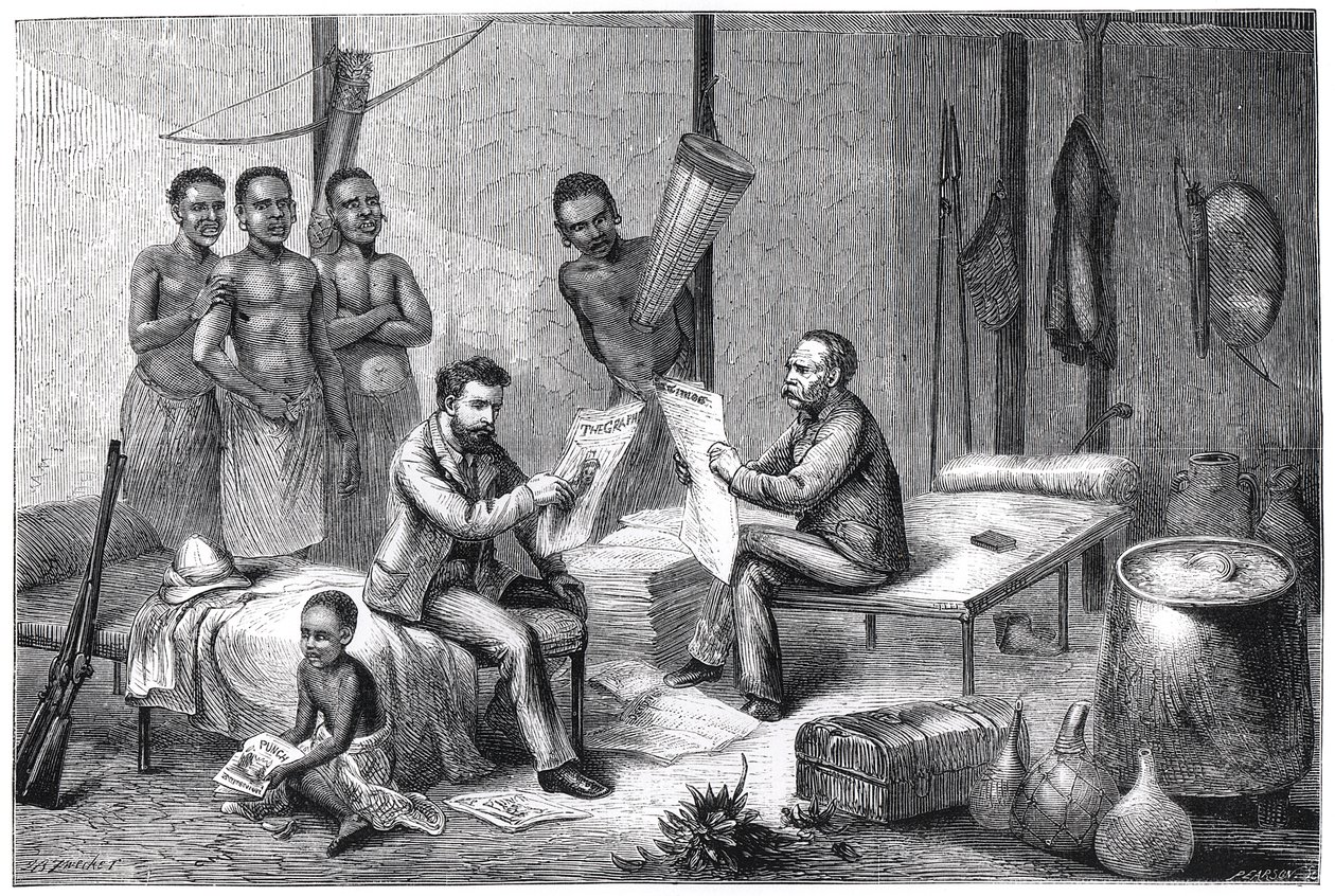 Livingstone e Stanley recebendo jornais na África Central, 1871-1873 de Pearson
