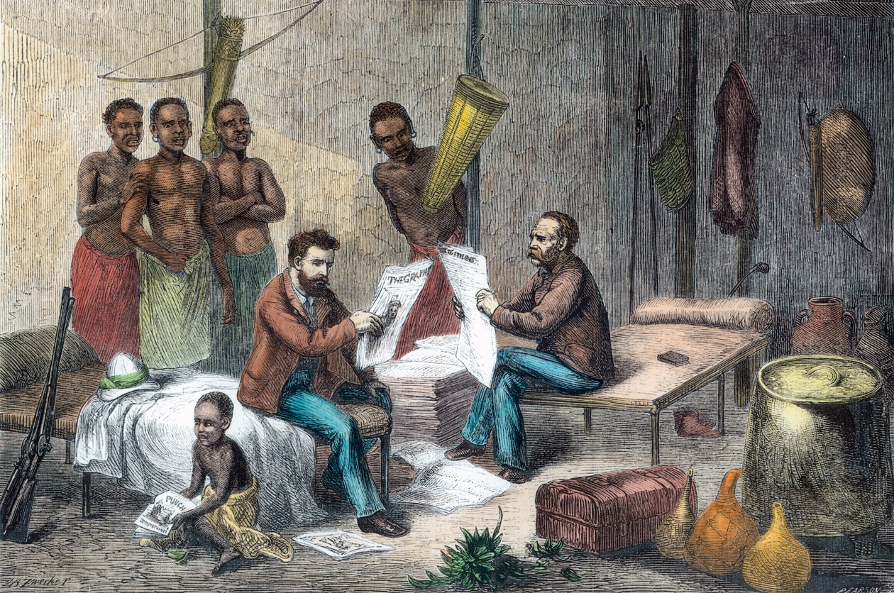 Livingstone e Stanley recebendo jornais na África Central, 1871-1873 de Pearson