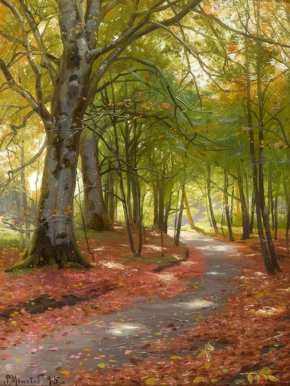 P.Mönsted, dia ensolarado de outono na floresta de Peder Monsted