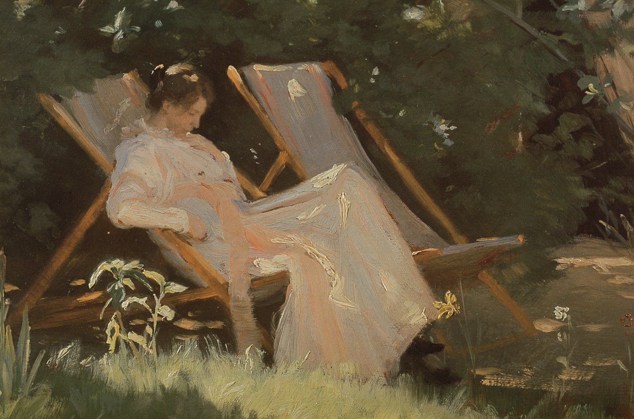 A esposa do artista sentado em uma cadeira de jardim em Skagen, 1893 de Peder Severin Krøyer