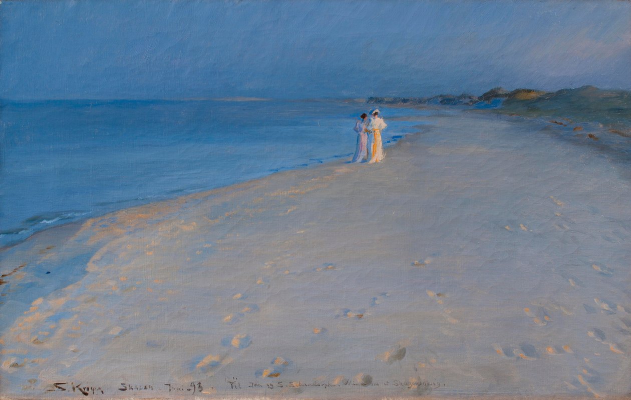 Noite de verão na praia do Sul, Skagen. Anna Acher e Marie Krøyer de Peder Severin Krøyer