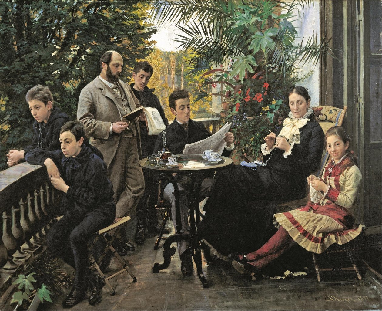O retrato da família Hirschsprung. Da esquerda Ivar, Aage, Heinrich, Oscar, Robert, Pauline e Ell ... de Peder Severin Krøyer