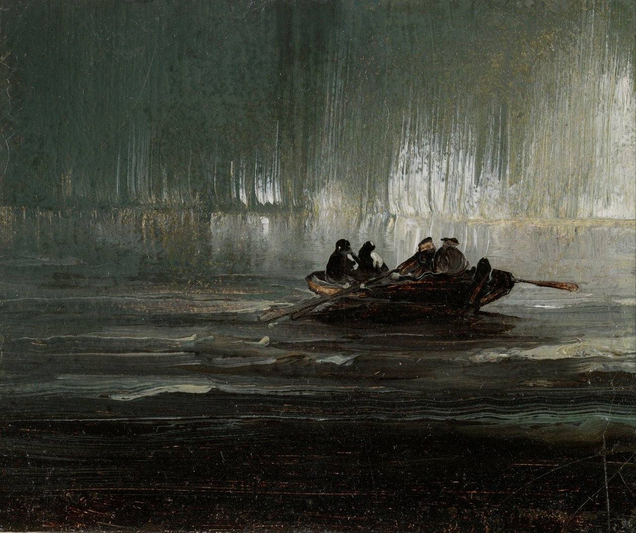 Luzes do Norte sobre quatro homens num barco a remos de Peder Balke