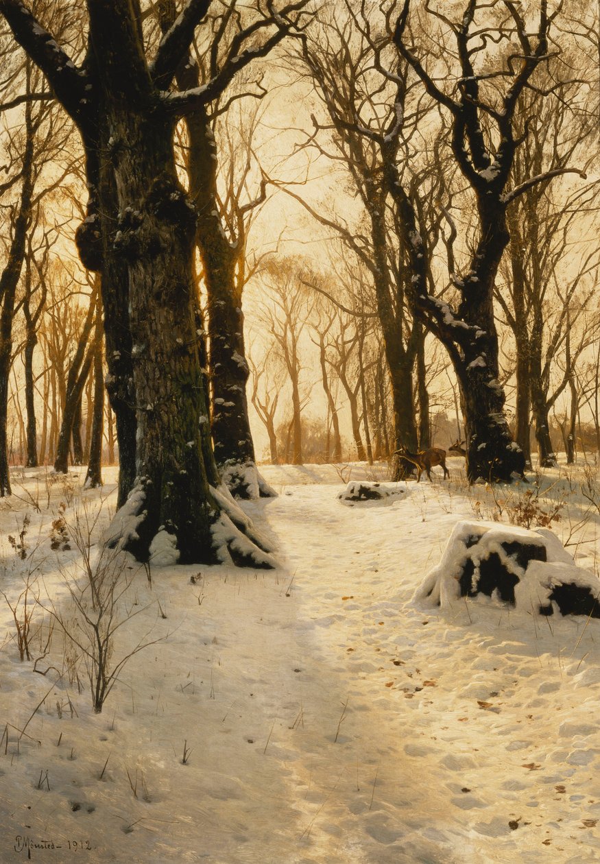 Uma paisagem arborizada de inverno com veados de Peder Monsted
