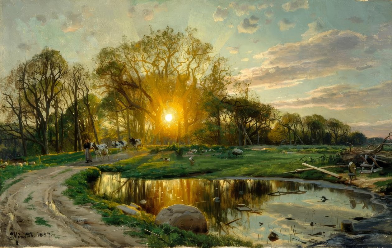 Regresso a casa de vacas ao pôr do sol de Peder Monsted