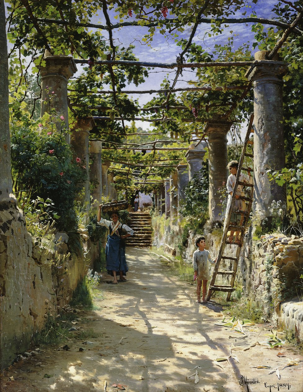 À sombra de uma pérgola italiana, uma tarde quente em Anacapri de Peder Monsted