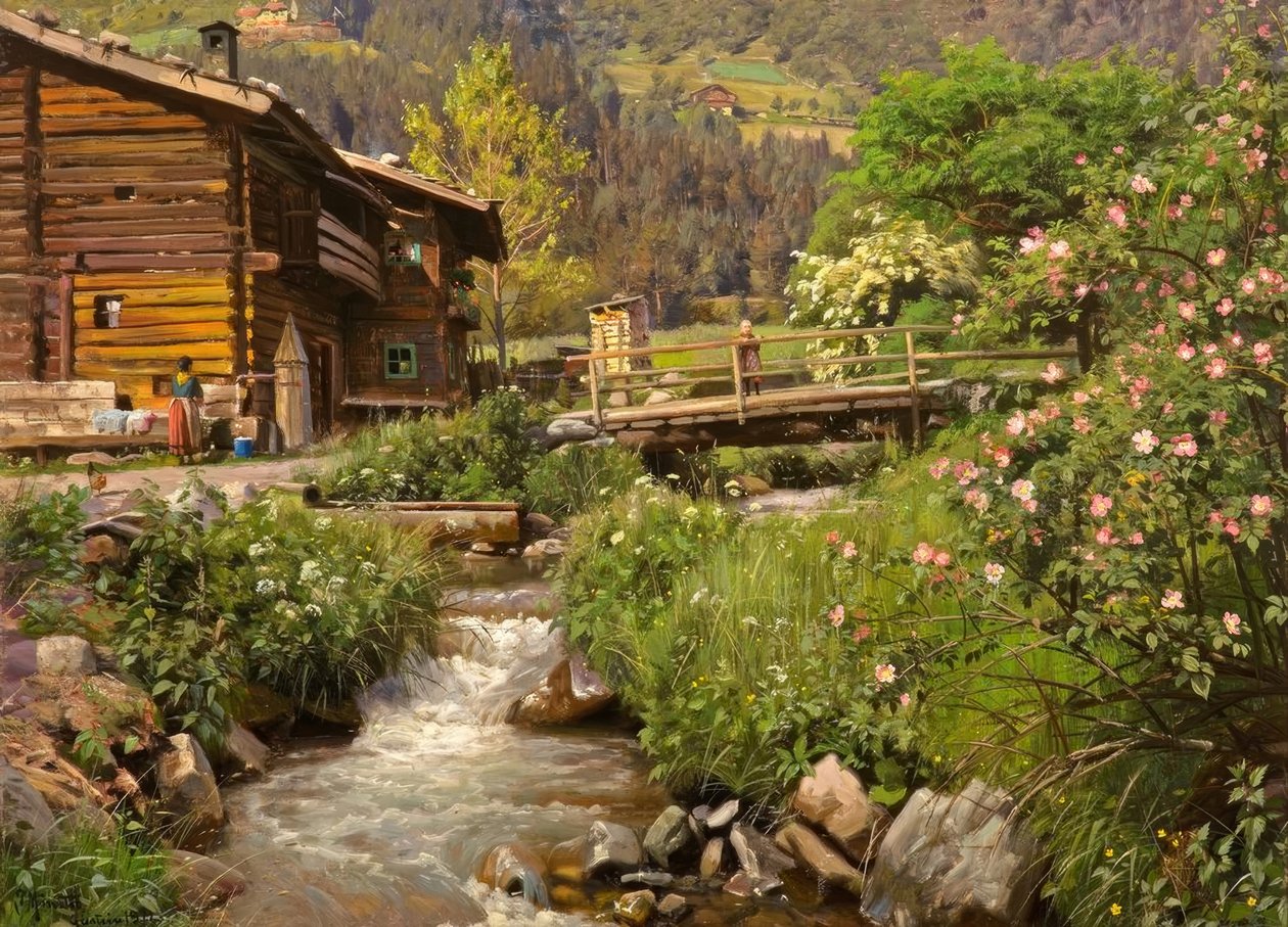 P.Mönsted, cabana na montanha pelo córrego de Peder Monsted