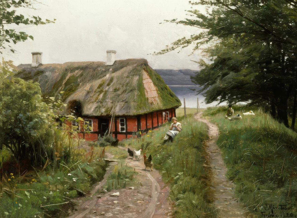 Idílio de verão em frente à cabana do pescador de Peder Monsted