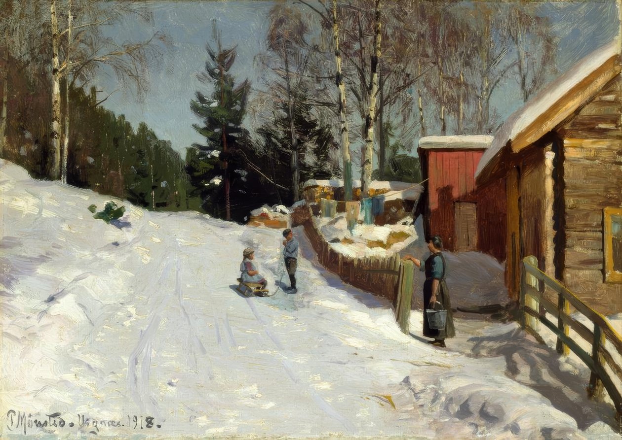 Crianças brincando na rua da vila de neve de Peder Monsted