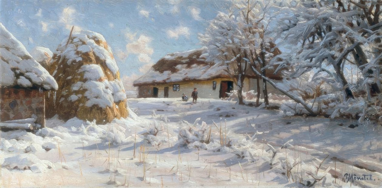 Paisagem de vila nevado com crianças de trenó de Peder Monsted