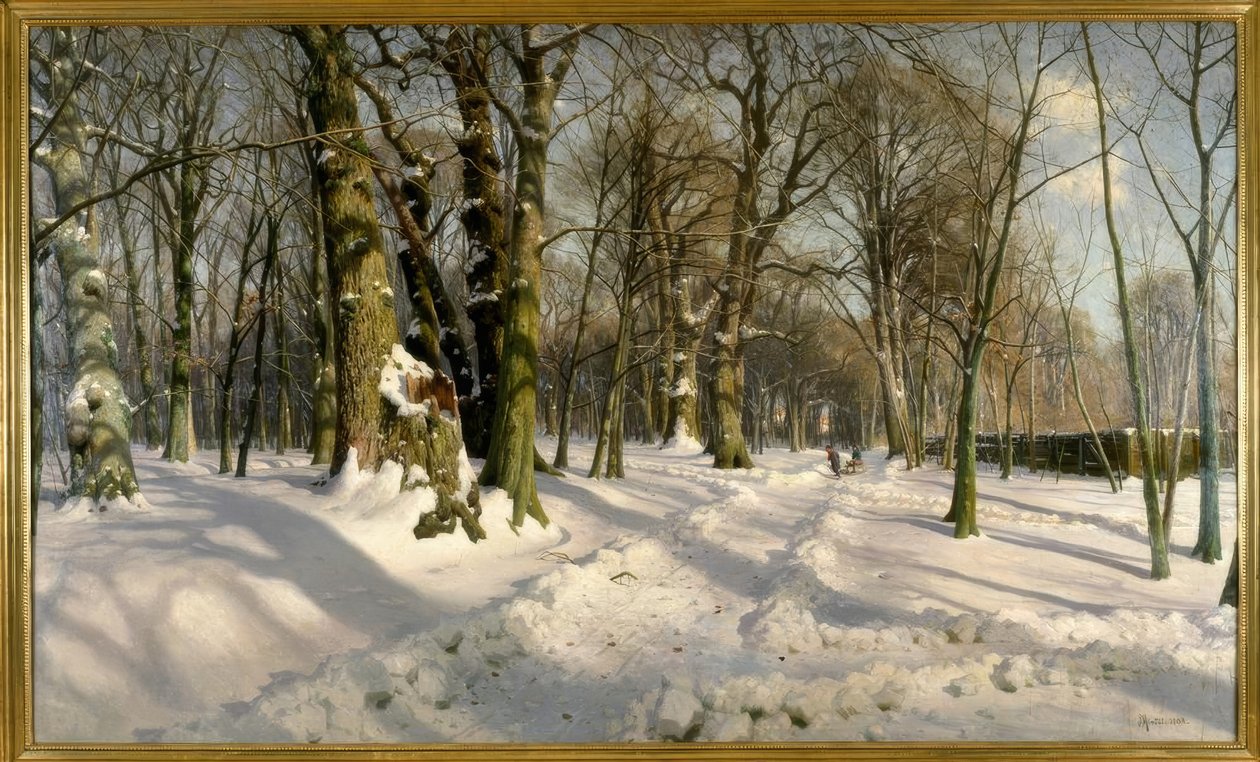 Floresta de inverno nevado à luz do sol de Peder Monsted