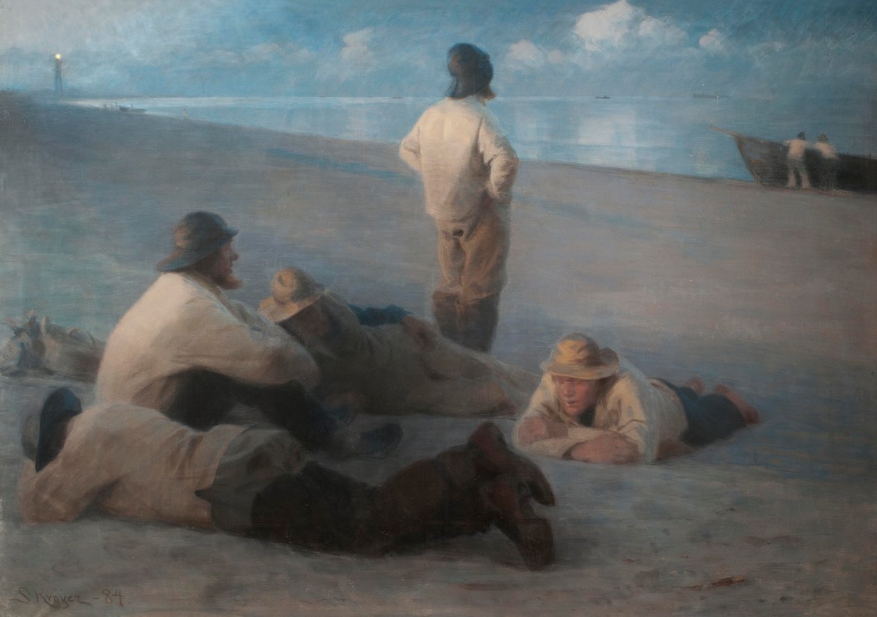 Noite de verão na praia de Skagen, 1884 (pastel sobre tela) de Peder Severin Krøyer