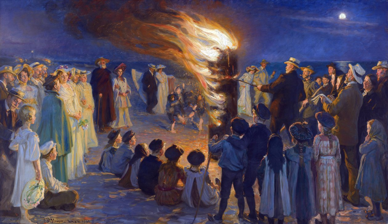 Fogueira de Verão na Praia de Skagen , por Kroyer, Peder Severin (1851-1909). Óleo sobre tela. Tamanho: 149,5x257 cm. Museu Skagen de Peder Severin Krøyer